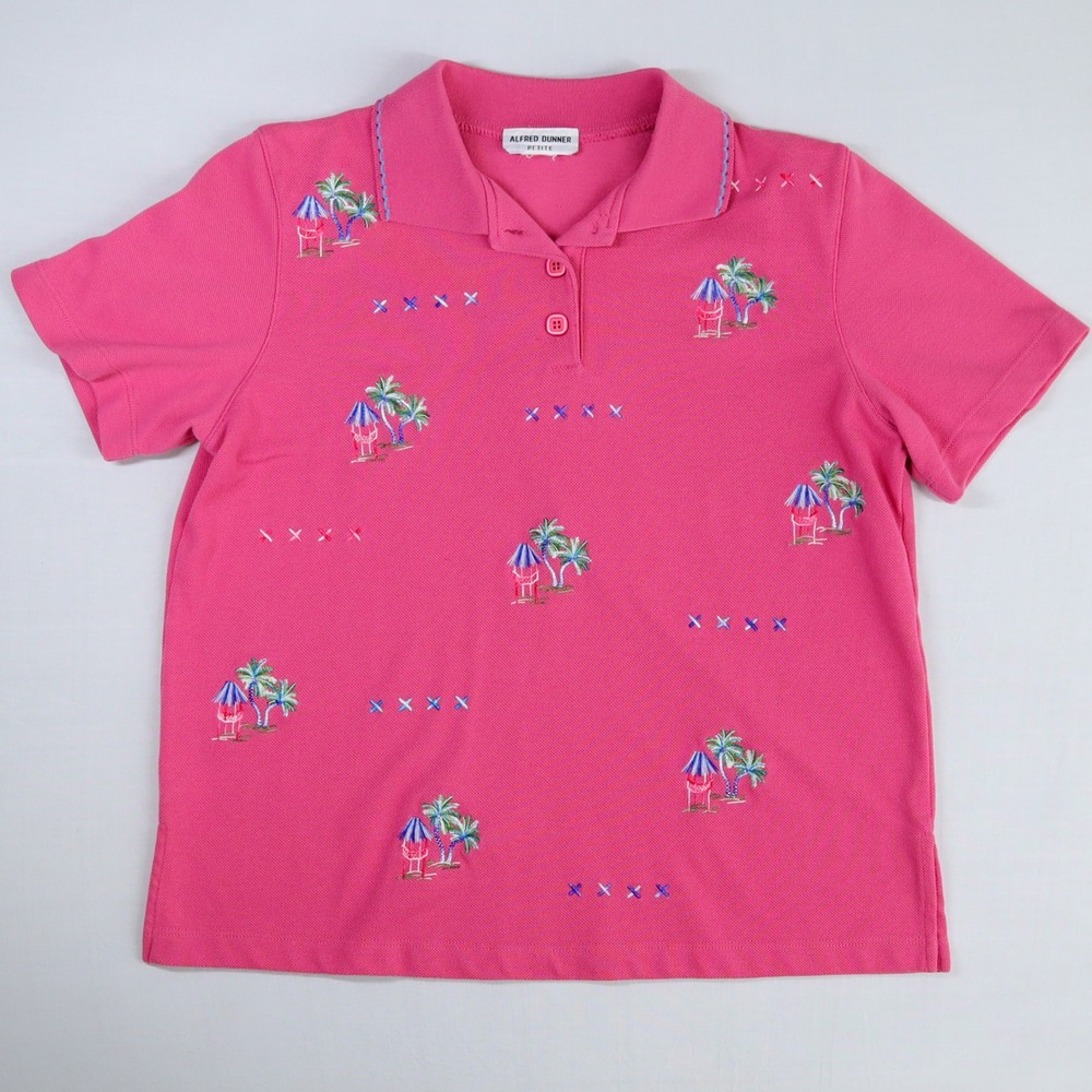 Vintage Alfred Dunner Polo Shirt Women Petite M Pink Tropical Palm Embroidered
